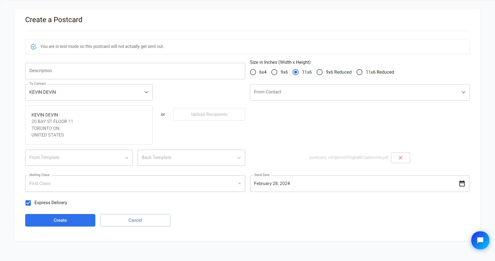 Create a Postcard form showing Mailing Class, Send Date, and Express Delivery options at the bottom
