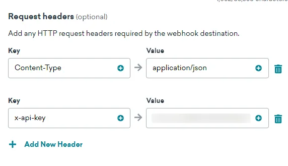 Braze webhook request headers configuration showing Content-Type and x-api-key header fields