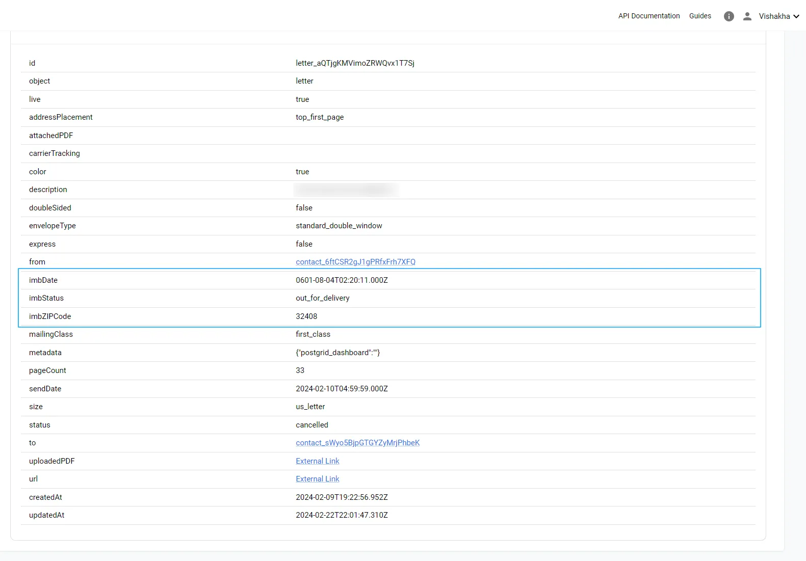 Order detail page showing IMB tracking status in the Raw Data section with imbstatus field highlighted