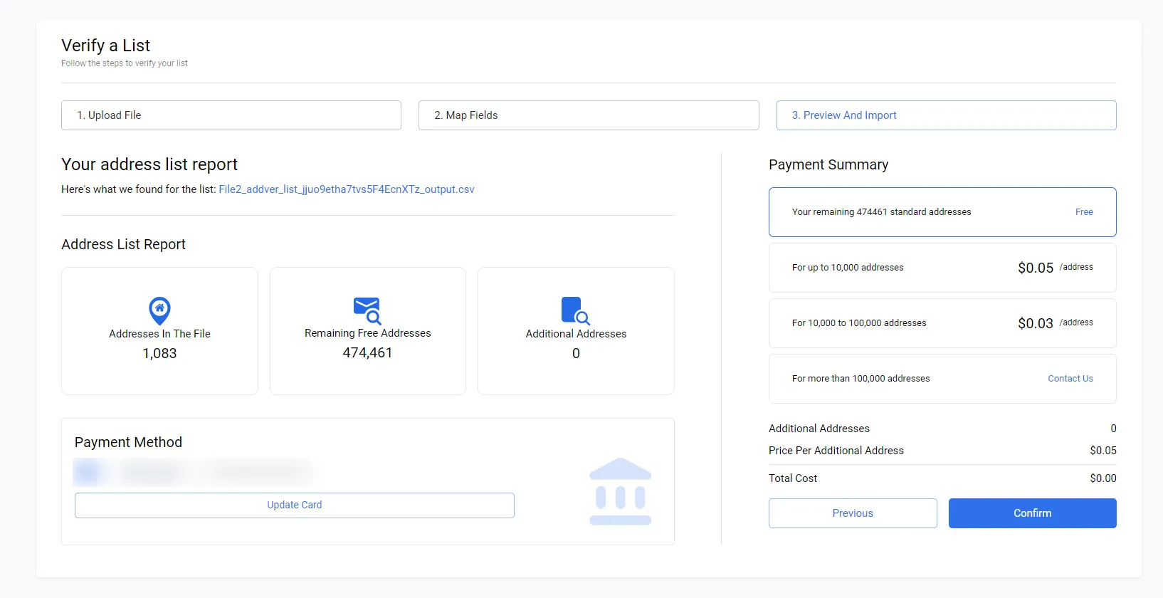 PostGrid upload confirmation screen showing a summary of available lookups, lookups to be used, and total processing cost