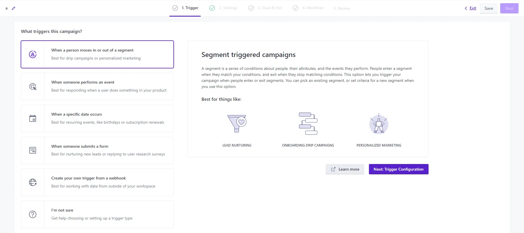 Customer.io trigger selection screen showing the 'When a person moves in or out of a segment' option