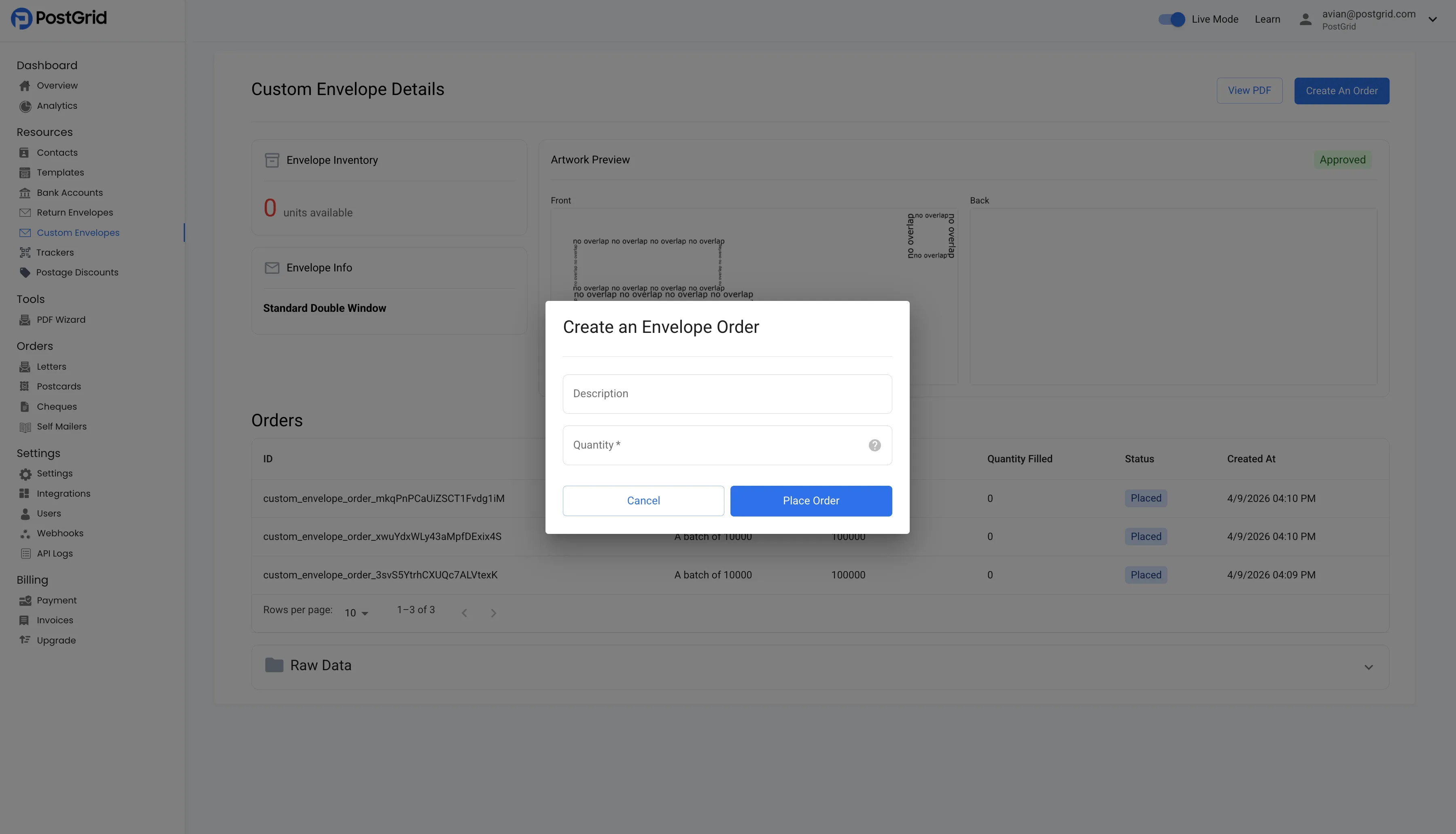 Create an Envelope Order pop-up with an optional description and a quantity field