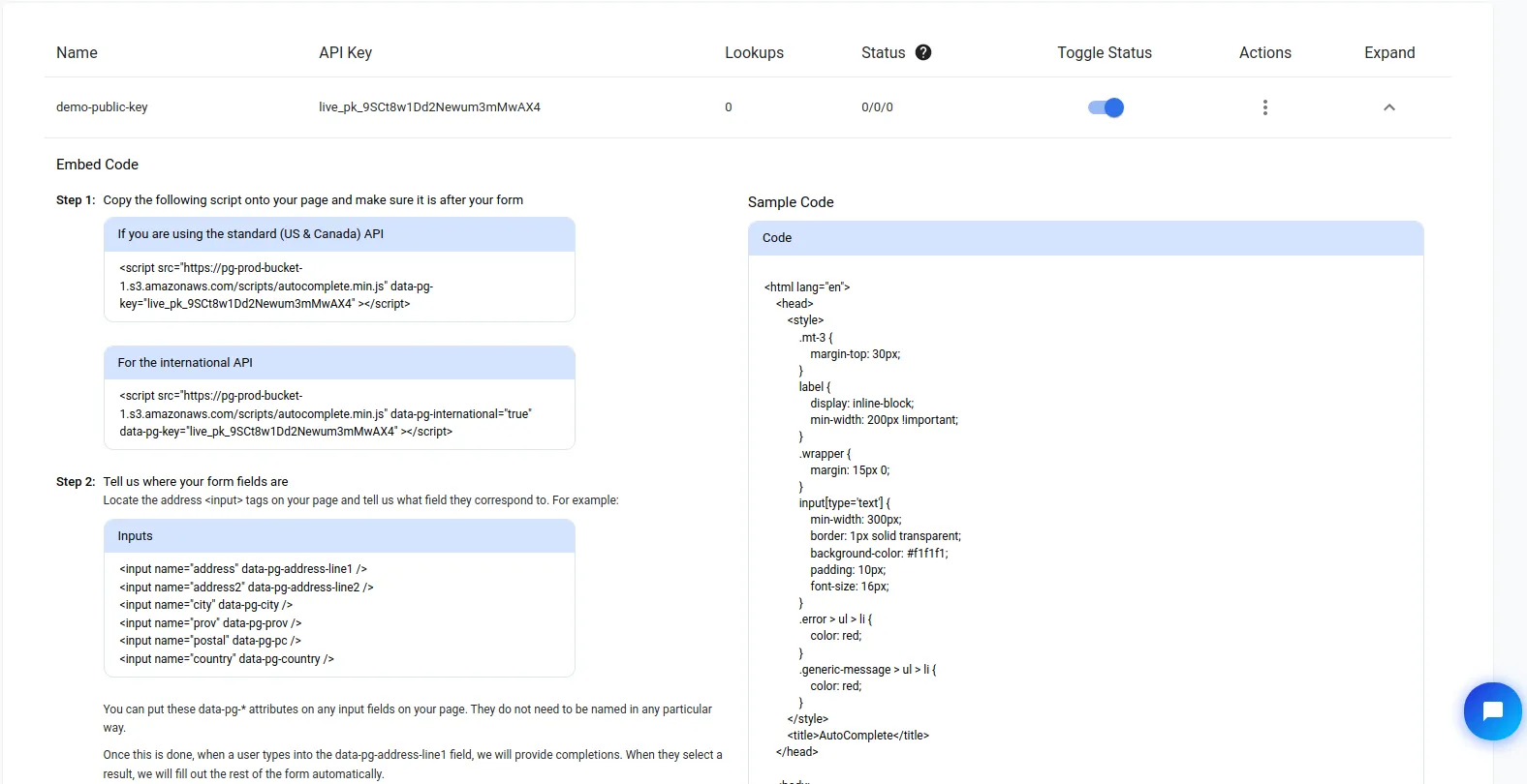 PostGrid dashboard showing step-by-step autocomplete setup instructions and sample script tag code