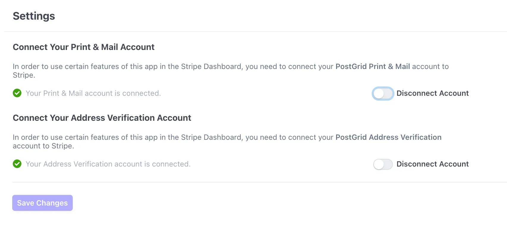 PostGrid App Settings page showing both PostGrid accounts connected with a confirmation message