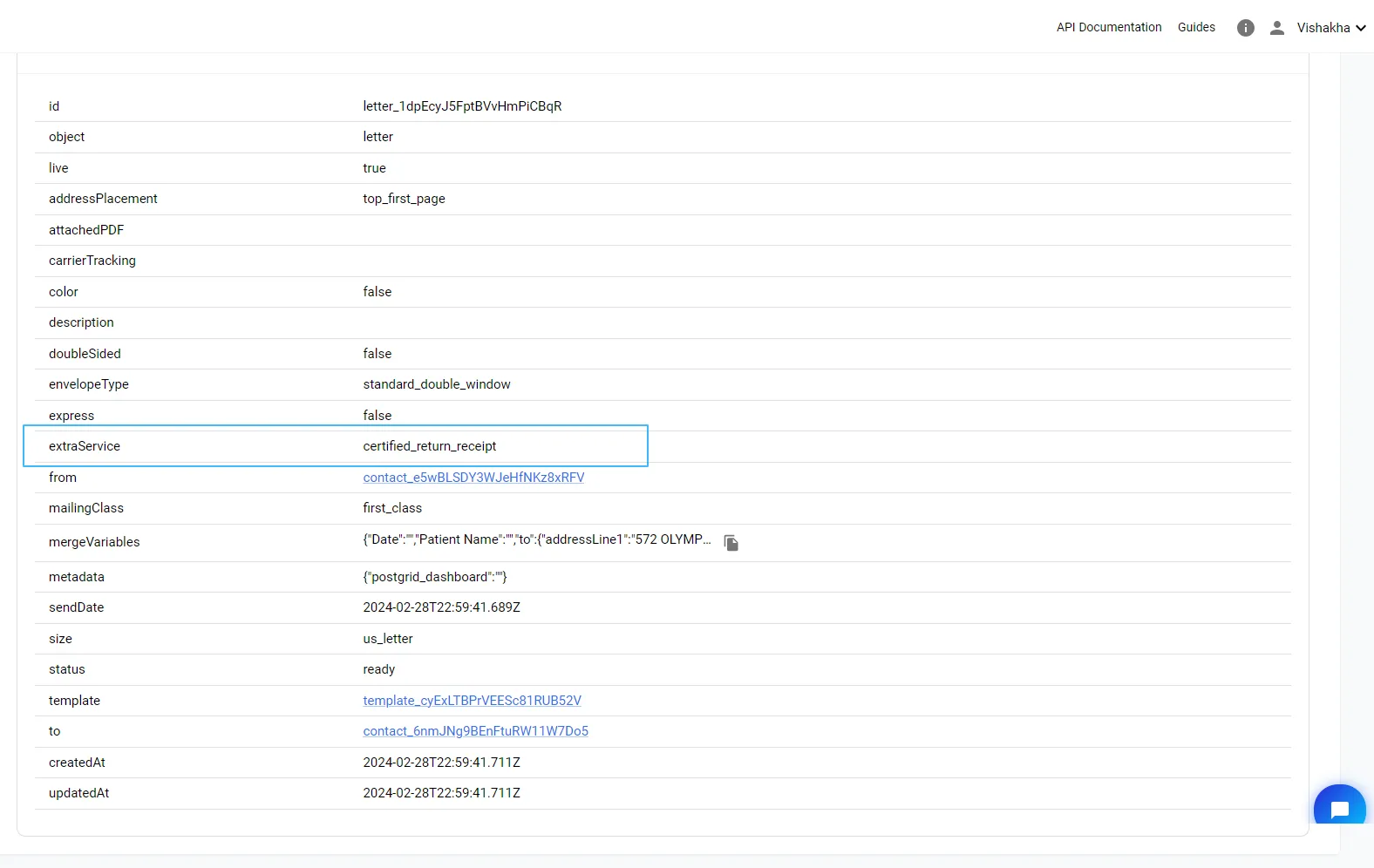 Order Raw Data section showing the extraService field identifying certified or registered mail status
