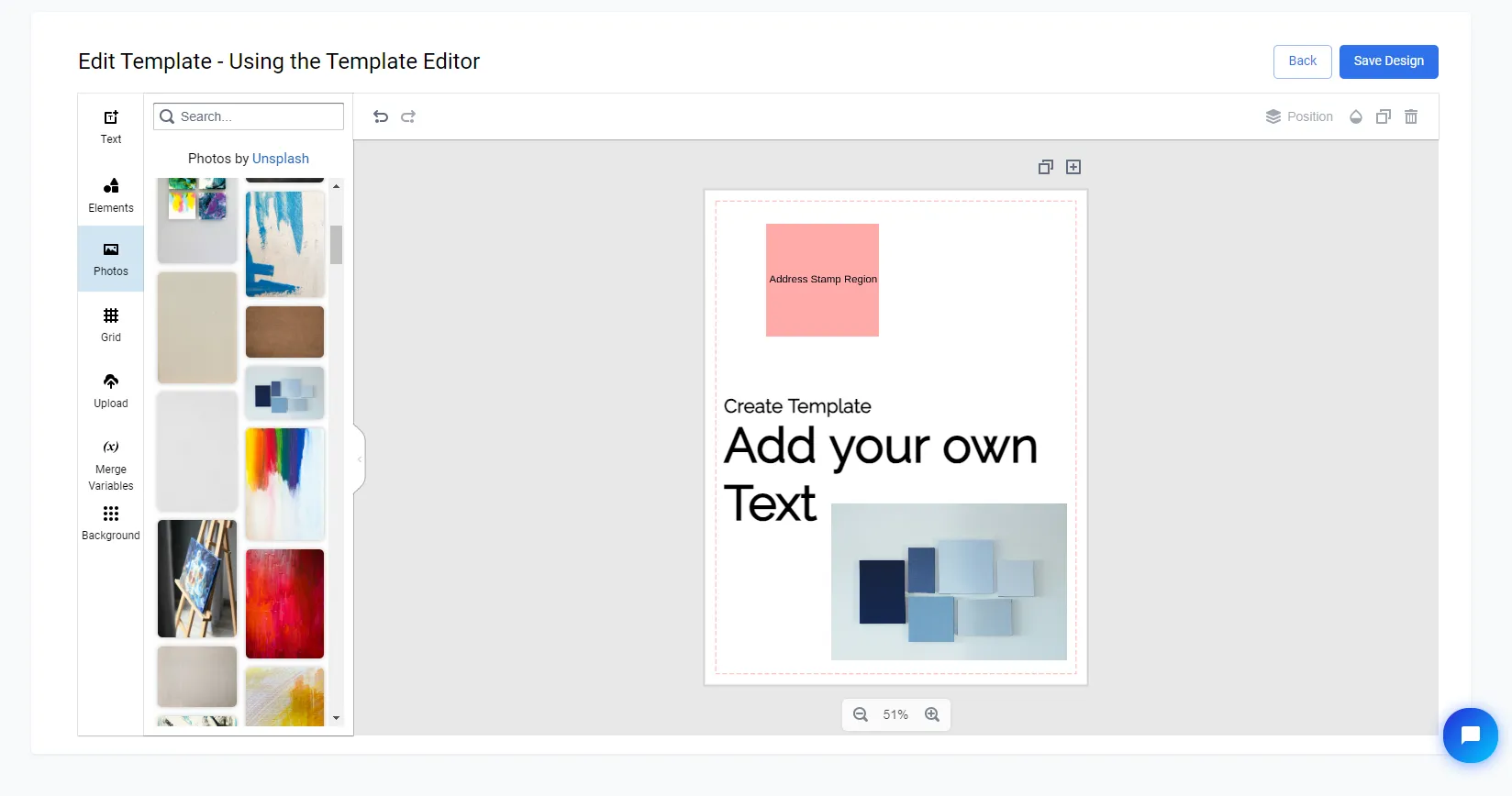 Template Editor Photos panel showing available stock images to click and add to the canvas