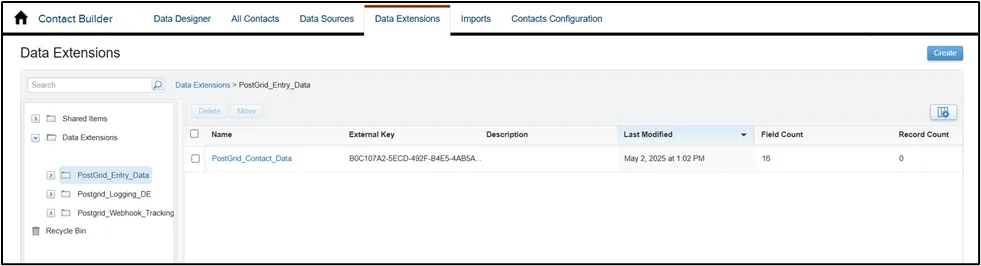 Salesforce Marketing Cloud Data Extension picker with PostGrid_Contact_Data selected as the entry source