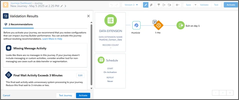 Salesforce Marketing Cloud Journey Validation Complete screen showing all checks passed