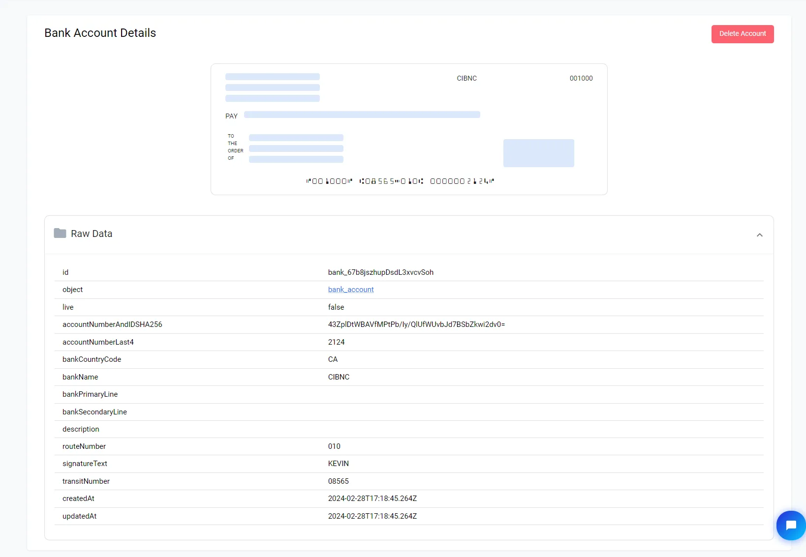 Newly created bank account listed at the top of the Bank Accounts page with options to view, delete, or access the cheque template