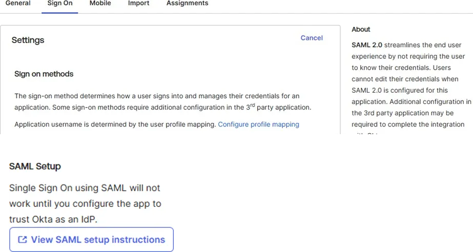 Okta Sign On tab for the PostGrid SSO application showing the View SAML setup instructions link