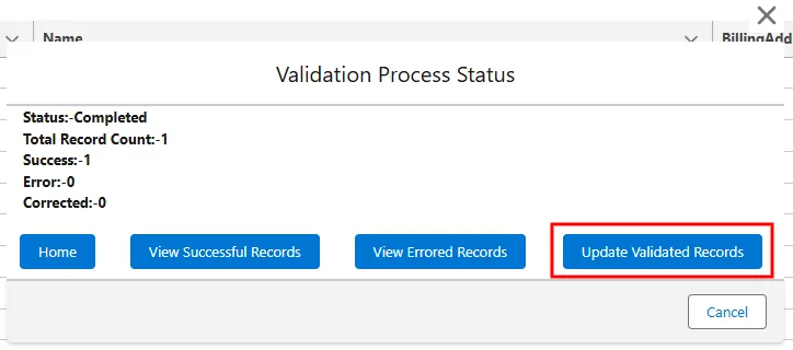 PostGrid Multiple Address Verification page with the Update Validated Records button highlighted to overwrite addresses with validated data
