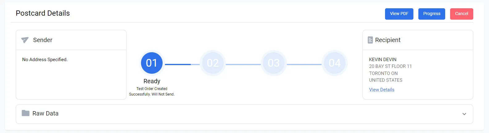 Postcards order list showing the newly created postcard order with a View PDF preview link