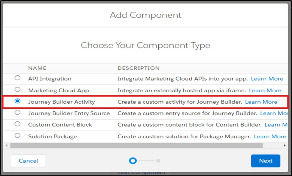 Salesforce Marketing Cloud Add Component dialog with Journey Builder Activity selected