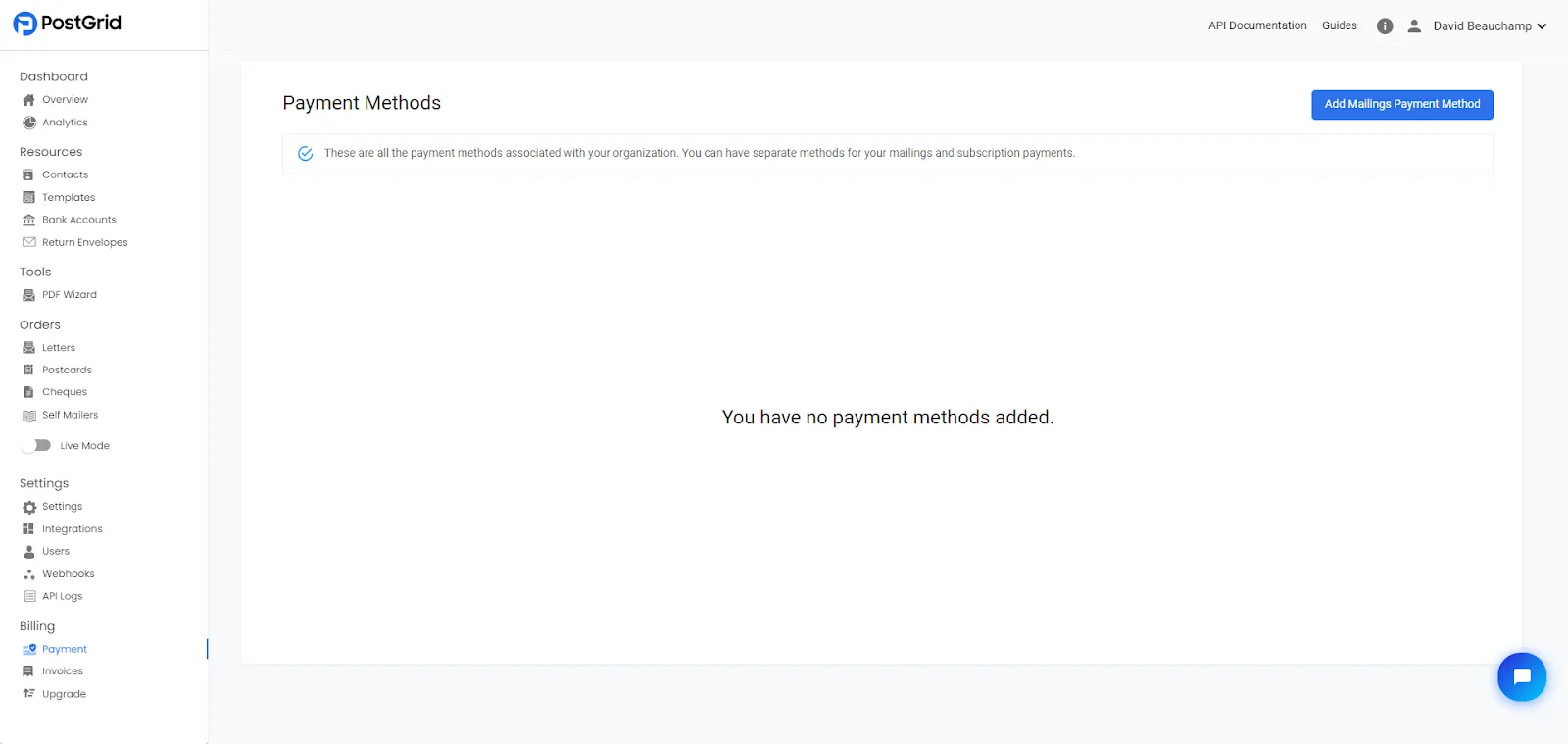 Payment method setup page prompting users to add a card or bank account to unlock Live Mode