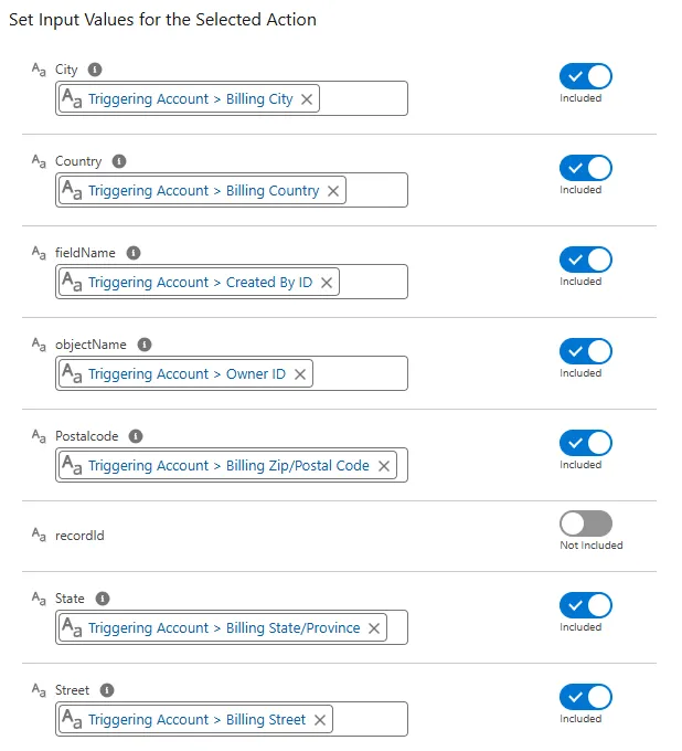 Verify Address element configuration panel showing City, Country, Postal Code, State, and Street input fields mapped to custom object fields