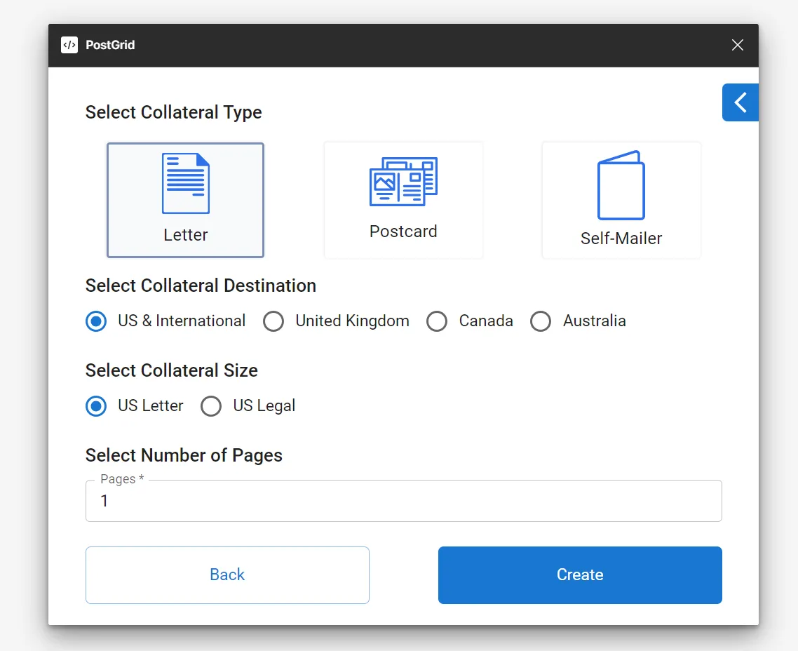 PostGrid Figma plugin template creation form with collateral type, destination, size, and page count fields