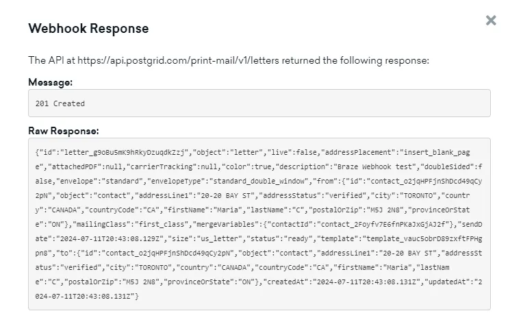 Braze webhook test response pop-up showing a successful request with a 200 OK status