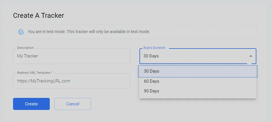 Create Tracker form showing Description, Expiry Duration, and Redirect URL Template input fields