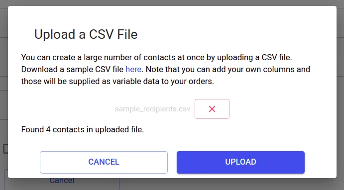 CSV column mapping screen for bulk self-mailer sending showing contact field assignments
