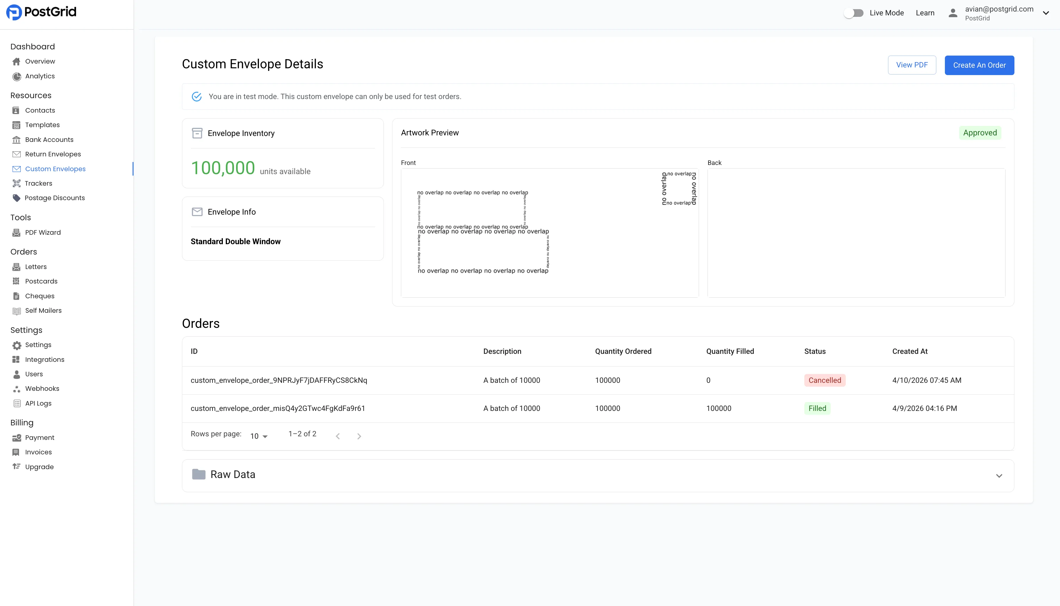 Custom envelope detail page showing available inventory and orders with Filled and Cancelled statuses