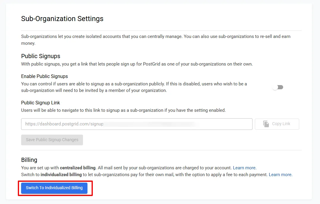 Sub-Organizations billing settings showing the Switch To Individualized Billing button to begin Stripe Connect onboarding