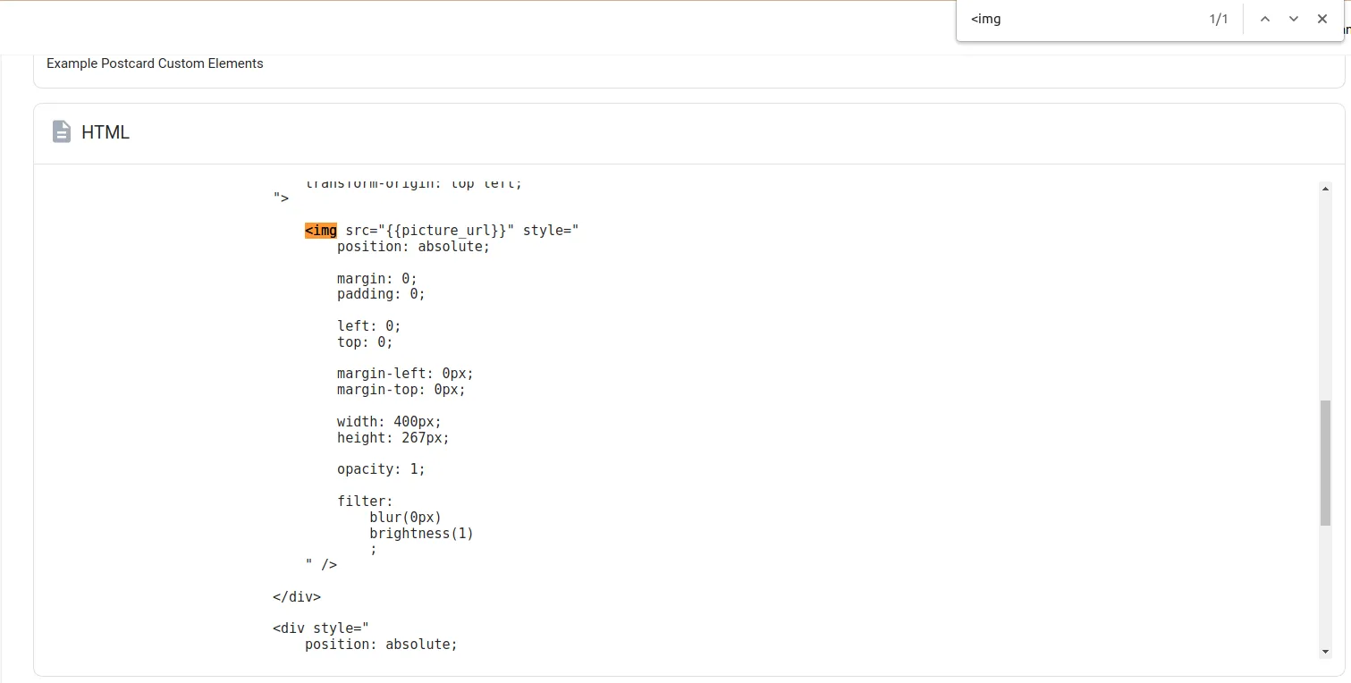 HTML source with search results for img tags highlighted, showing where all images are stored in the document