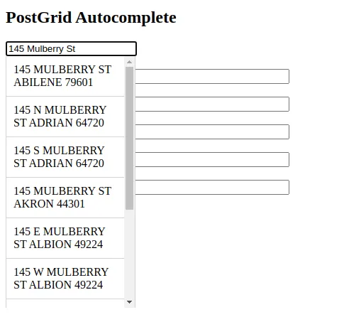 Address Line 1 input field showing a dropdown list of autocomplete address suggestions as the user types