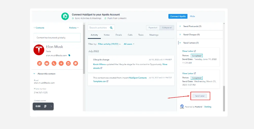 Send Letter button in HubSpot contact