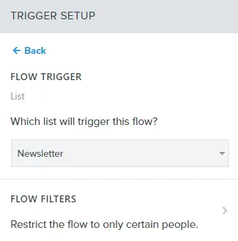 Klaviyo flow trigger setup panel with the Newsletter subscription trigger selected