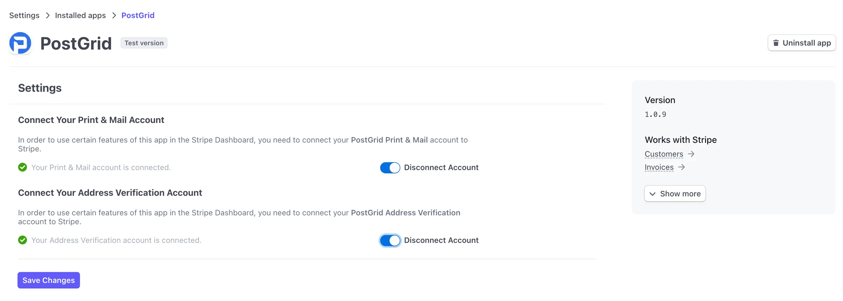 PostGrid App Settings page showing the Disconnect App toggle and the Uninstall App button in the top right corner