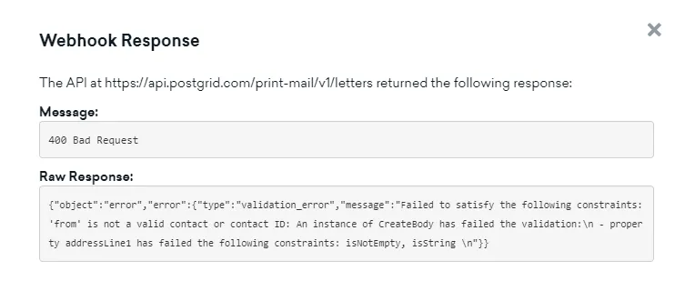 Braze webhook test response showing a 400 Bad Request error with a missing required field message