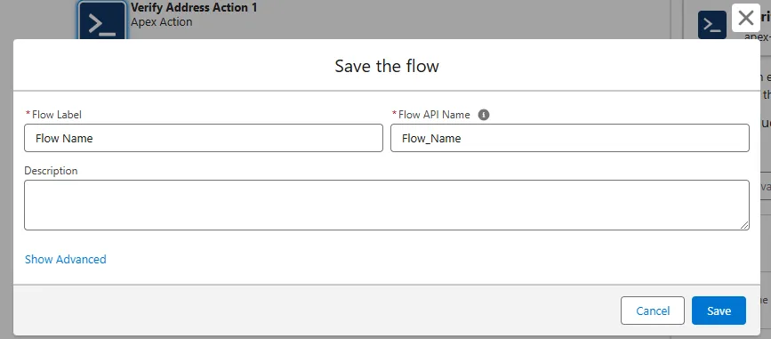 Salesforce Save Flow dialog prompting the user to enter a flow name before saving
