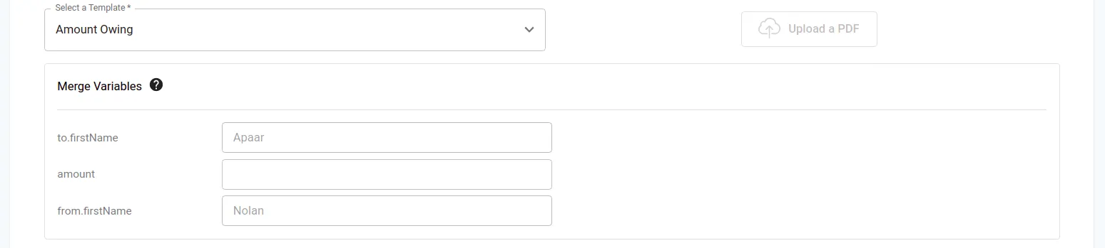 Order creation page showing automatically mapped merge variables from the selected template alongside their CSV column values