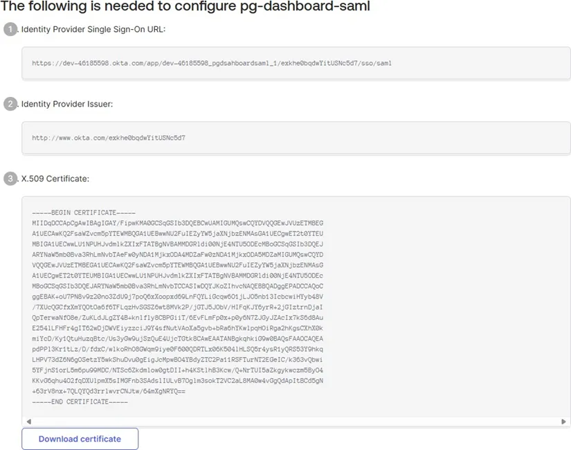 Okta SAML setup instructions page showing the Identity Provider SSO URL, Issuer, and X.509 Certificate to share with PostGrid