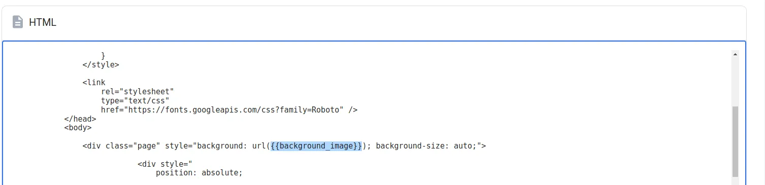 HTML showing a background image URL replaced with a merge variable like {{backgroundImage}} for dynamic personalization