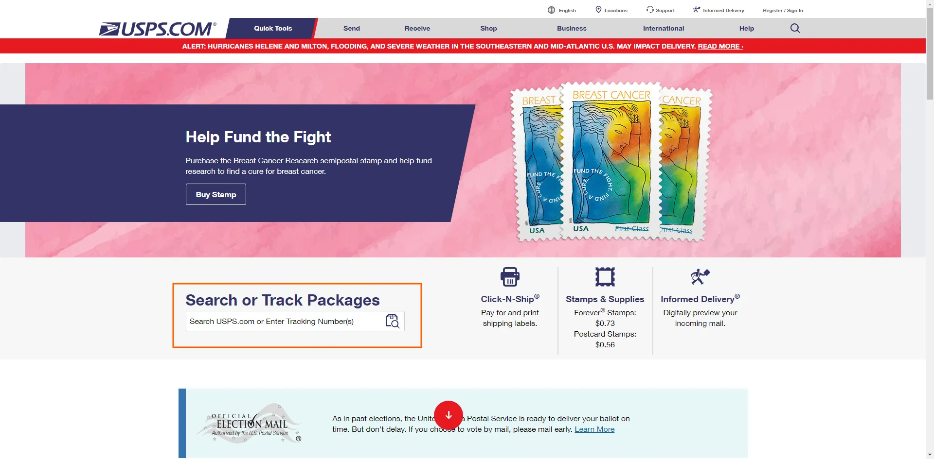 USPS website homepage with the Search or Track Packages input box used to enter a certified tracking number