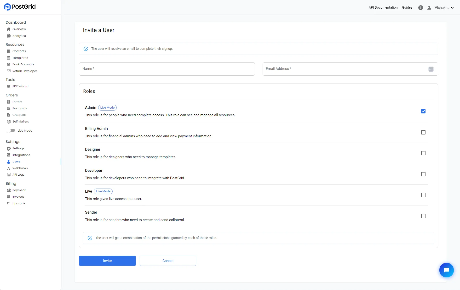 User roles and permissions table listing available roles such as Admin, Designer, Developer, and Sender
