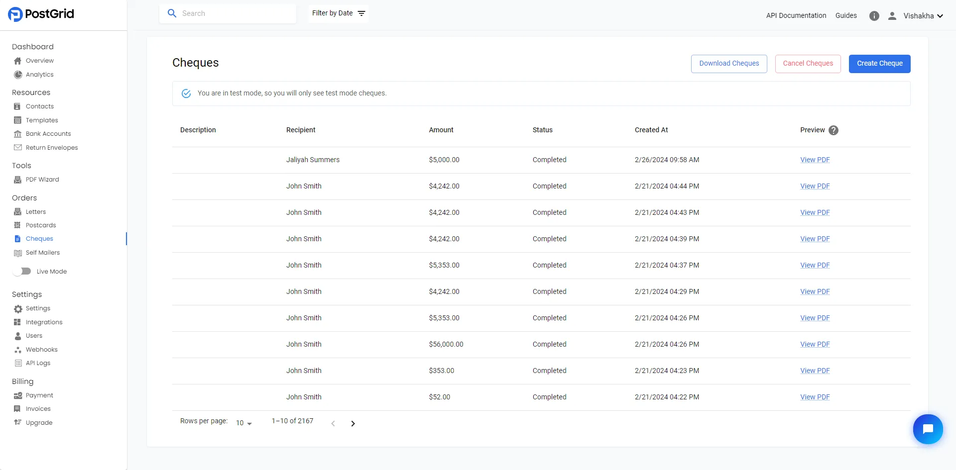 Cheques order list page showing previously sent cheques and a Create button in the top-right corner