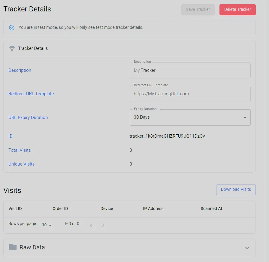 Trackers list page showing the newly created tracker with its ID and redirect URL after successful creation