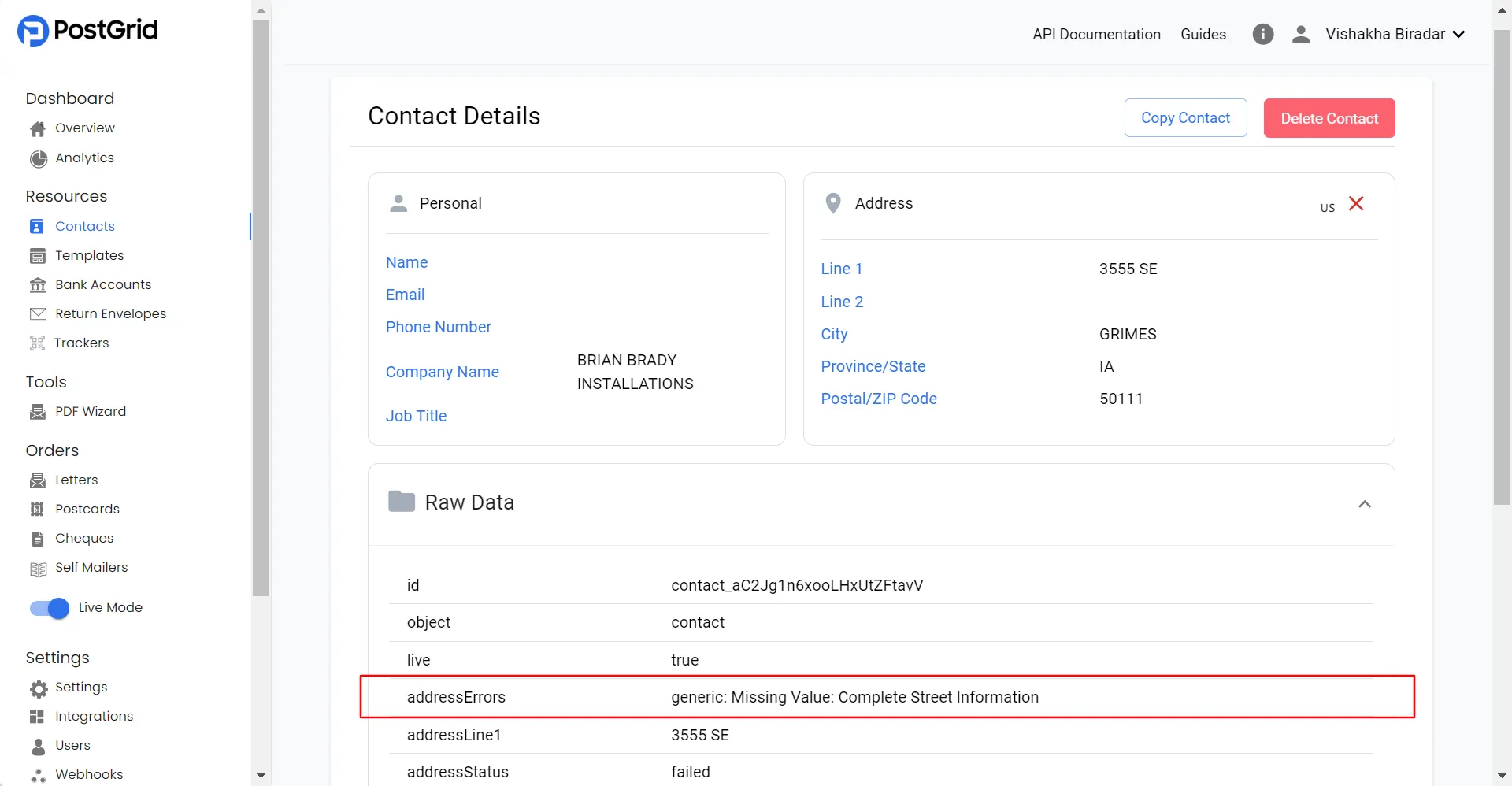 Contact details page showing the Raw Data section with address verification results