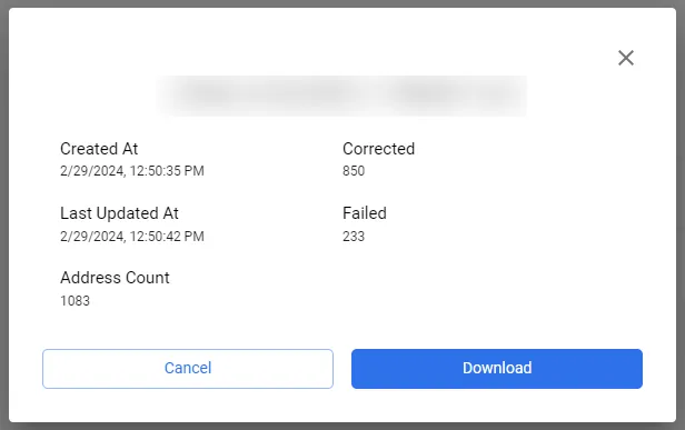 PostGrid bulk verification detailed results page showing a breakdown of address statuses and download options for the report