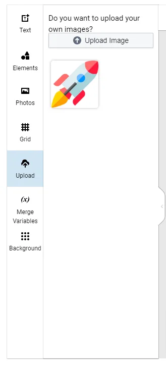 Template Editor Upload panel showing a custom image added below the Upload Image button after uploading