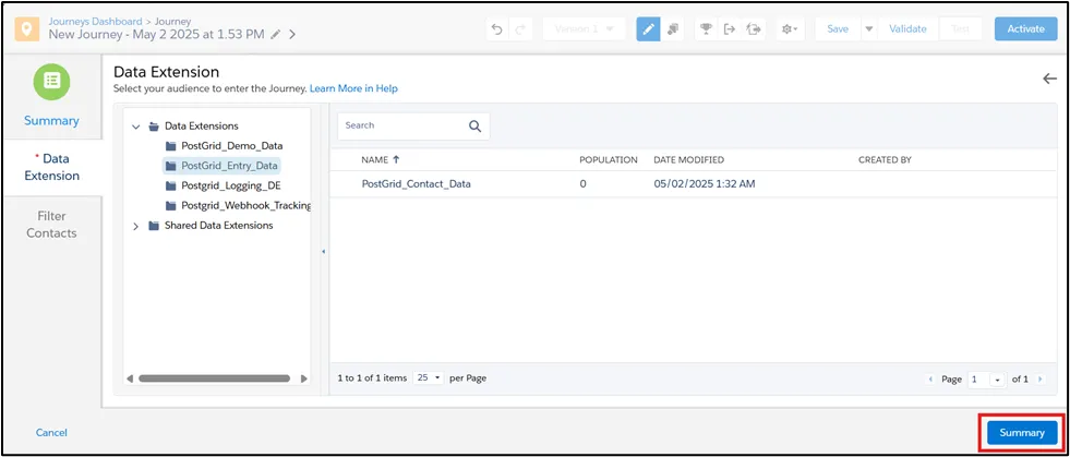 Salesforce Marketing Cloud Data Extension summary screen before confirming the entry source selection