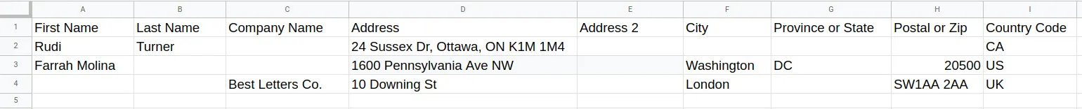 CSV upload interface showing how contacts are imported for bulk letter sending
