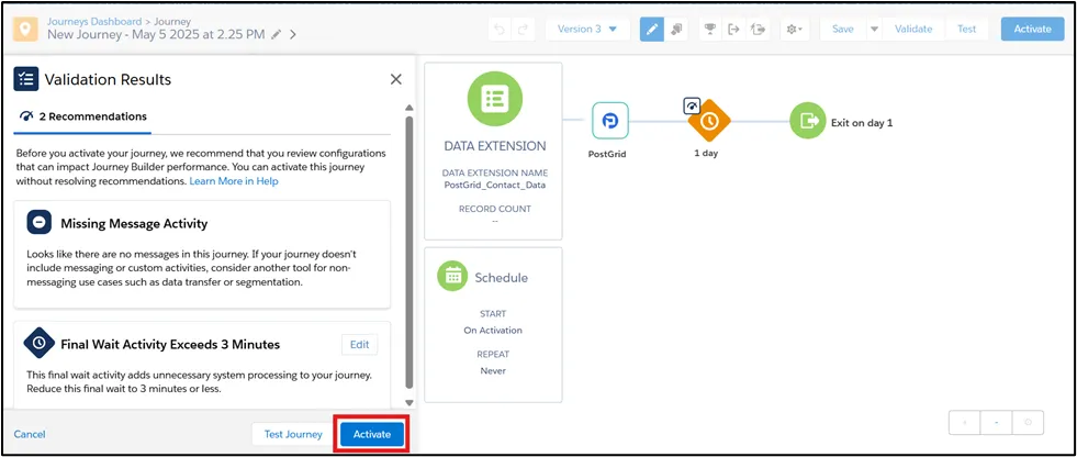 Salesforce Marketing Cloud Validation Results panel with the Activate button