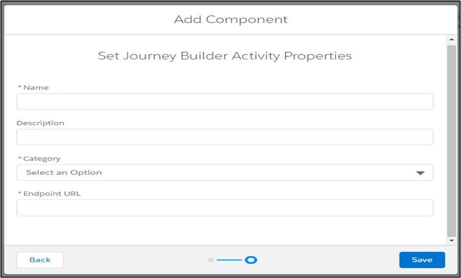 Salesforce Marketing Cloud component configuration form with Name, Description, Endpoint URL, and Messages category fields