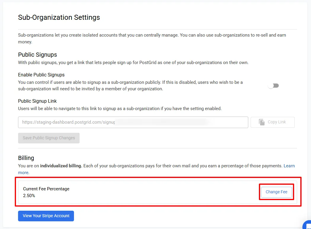 Individualized billing settings showing the configurable fee percentage field and the View Your Stripe Account button