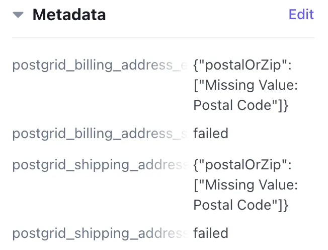 Stripe customer Metadata section showing a failed address verification with billing and shipping error details
