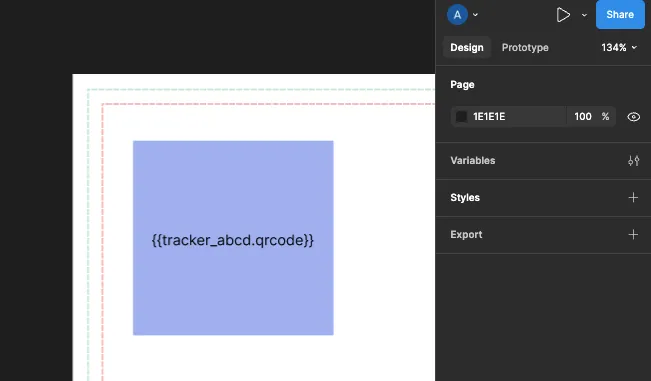 Figma template showing a QR code merge variable formatted as {{tracker_id.qrcode}} in the design