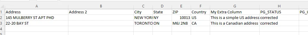 Downloaded CSV output file showing original address columns alongside new PG_STATUS and PG_CORRECTIONS columns added by PostGrid